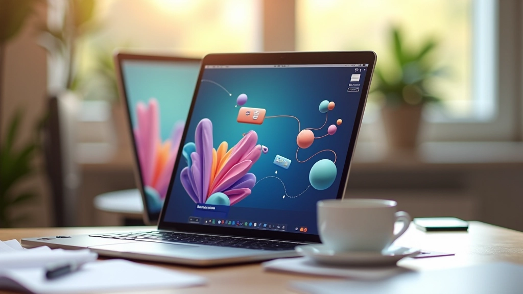 Počítač se zobrazeným animovaným webovým rozhraním s barevnými přechody a pohybujícími se prvky