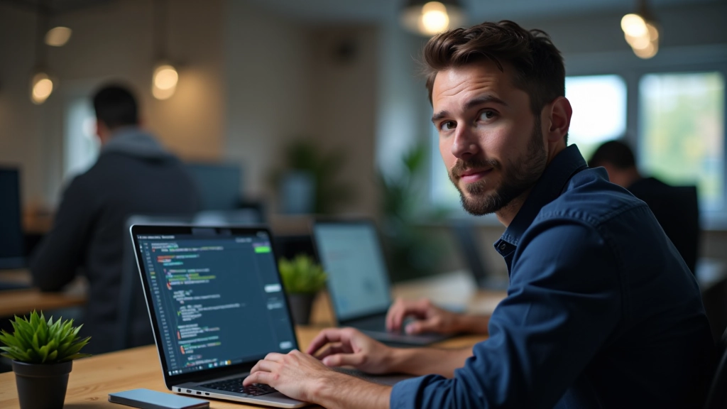 Webový developer v kanceláři kontroluje výkon animací na monitoru pomocí DevTools